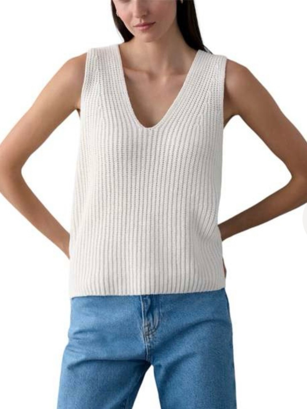 WHITE+WARREN 100% Cotton Tape Sleeveless
Ribbed V-neck Sweater Top White size XS